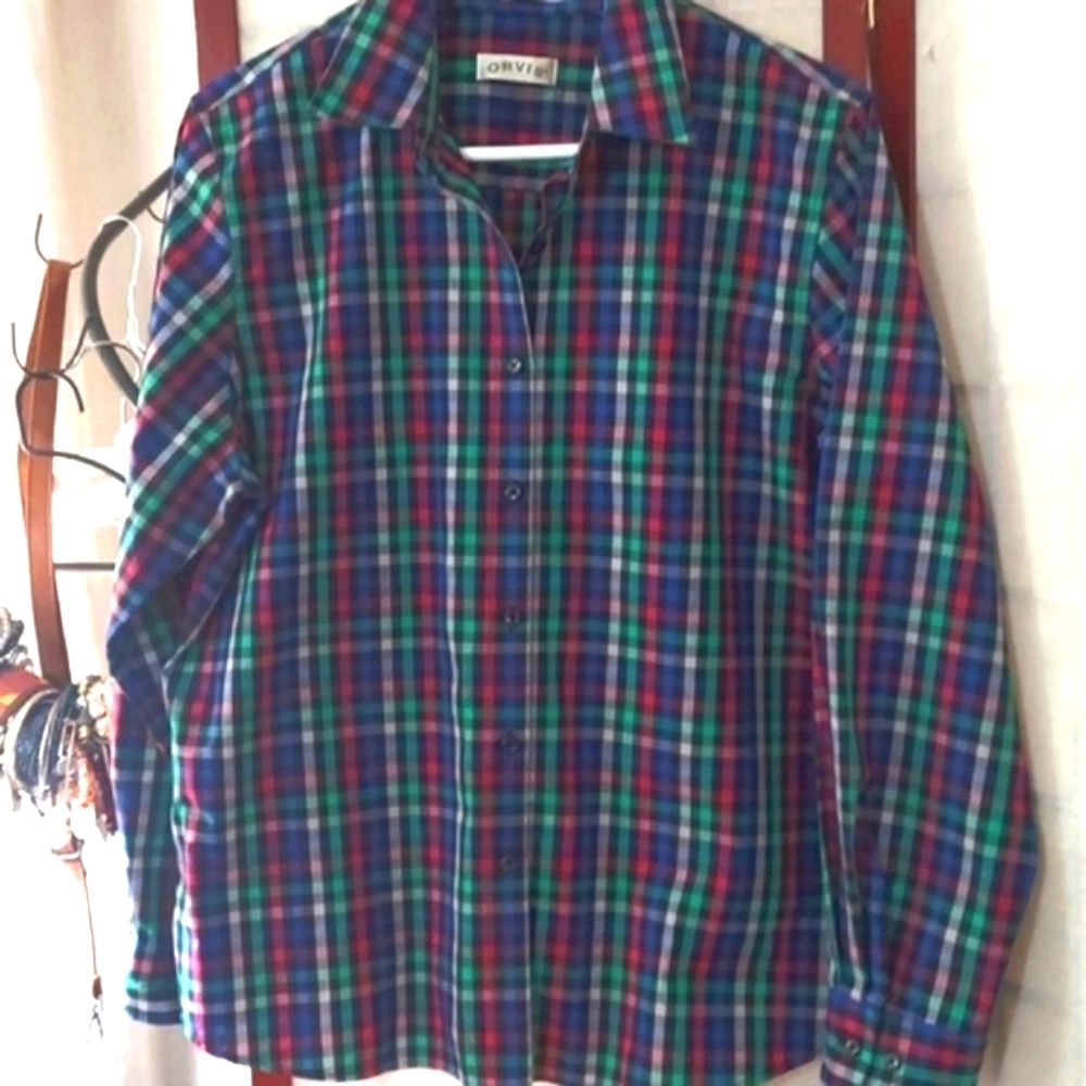 Orvis Carefree Women's Plaid Stripe Check Button Down  Long Sleeve Shirt  Sz 14